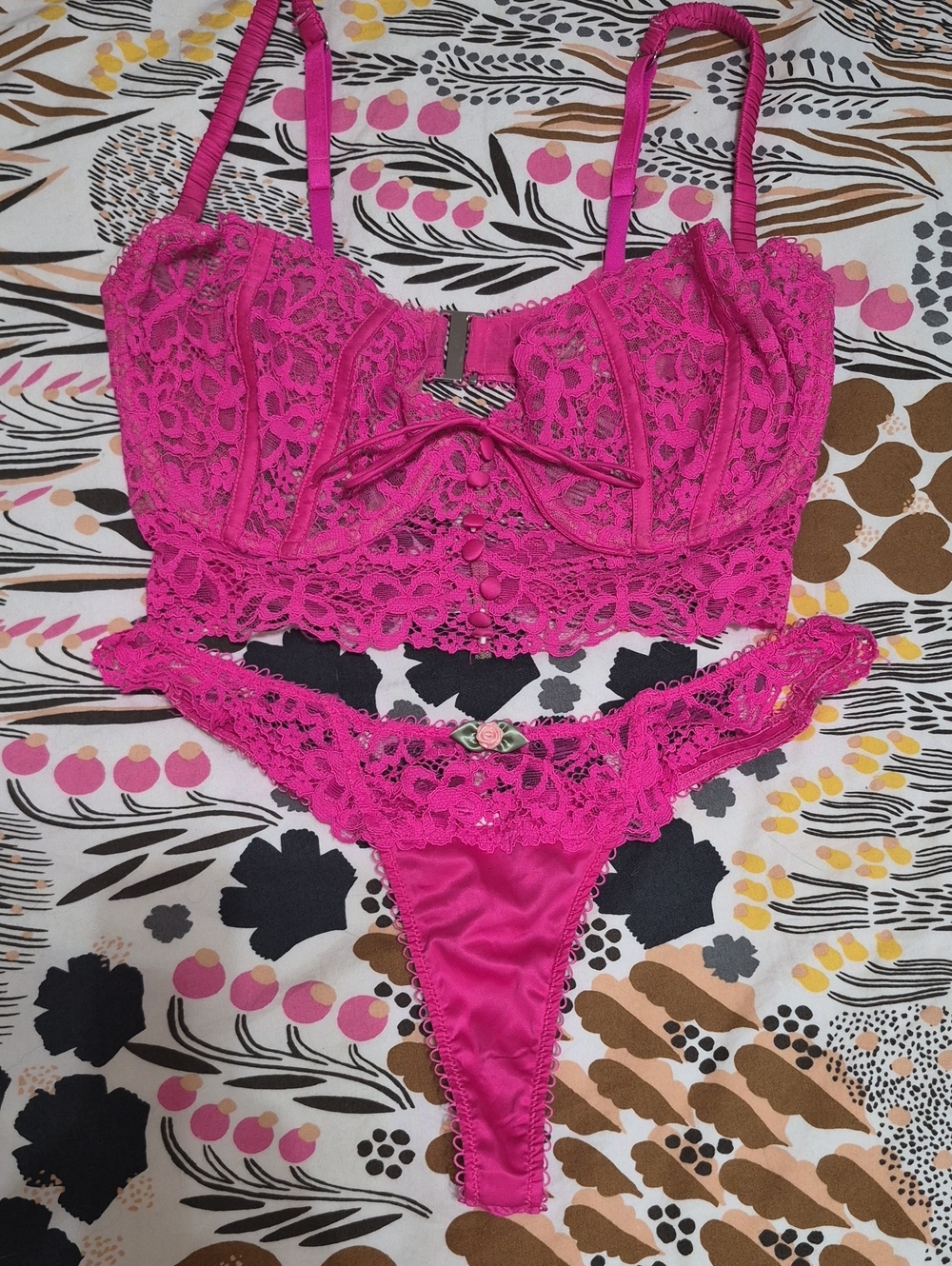 For Love And Lemons Fuchsia Lace Bralette & Thong Set